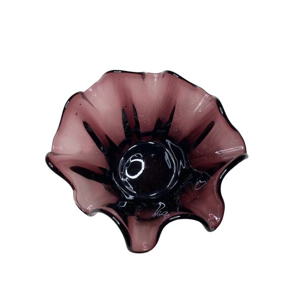 Vintage Amethyst Ruffle Blown Art Glass 1960’s, 70’s MCM Mid Century Decor Bowl - Picture 1 of 5